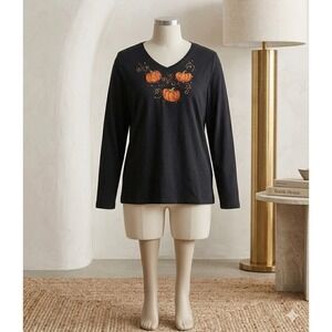 Quacker Factory Womens 2X Black Pumpkin Embroidered Rhinestone V-Neck Top